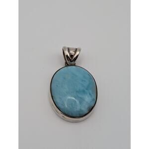 Vintage 925 Sterling Silver Blue Pectolite Pendant Large Oval Cabochon 12.2 g
